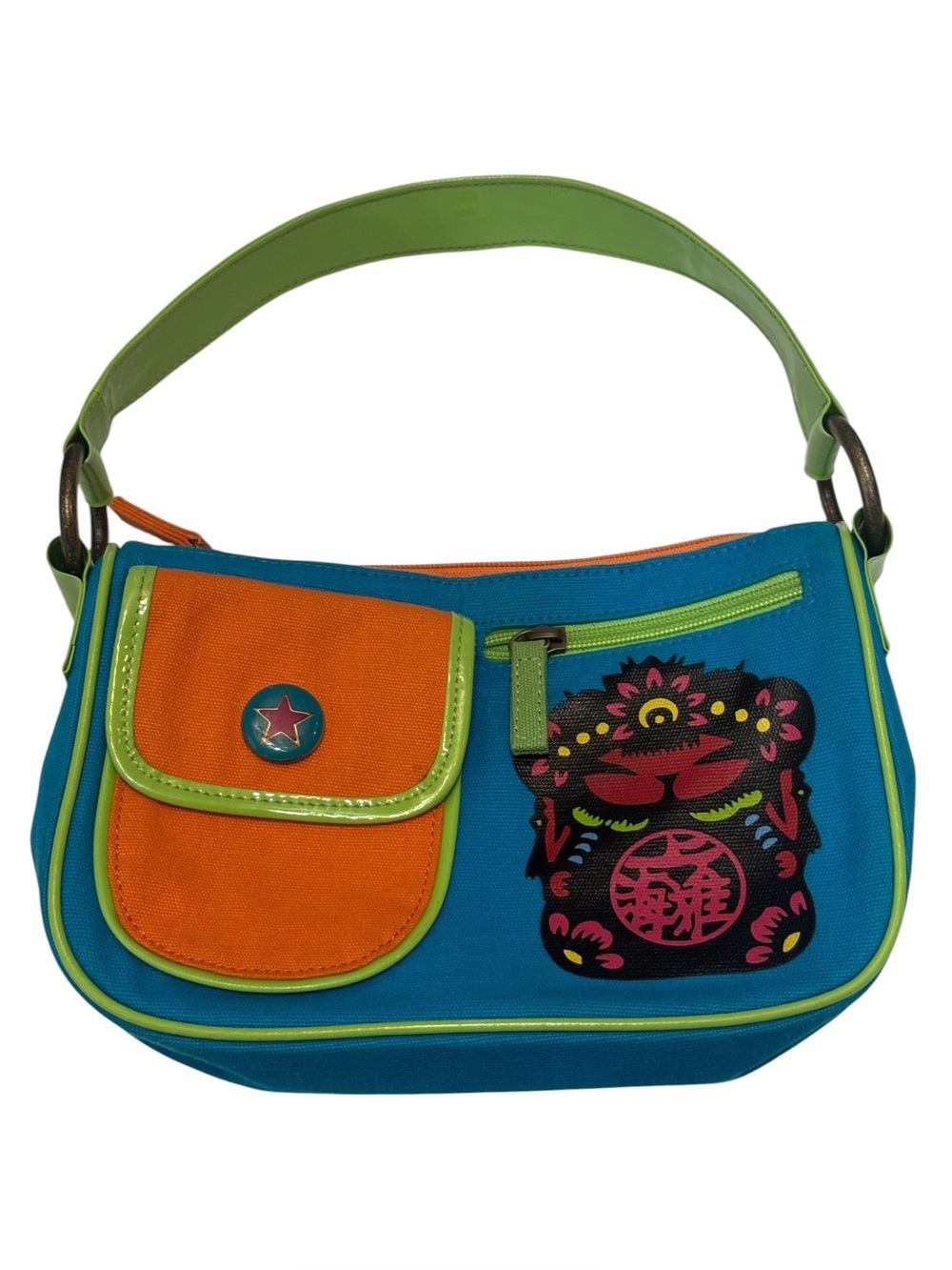 Vintage Shanghai Tang Y2K Canvas Baguette Shoulder Bag Turquoise Orange Green